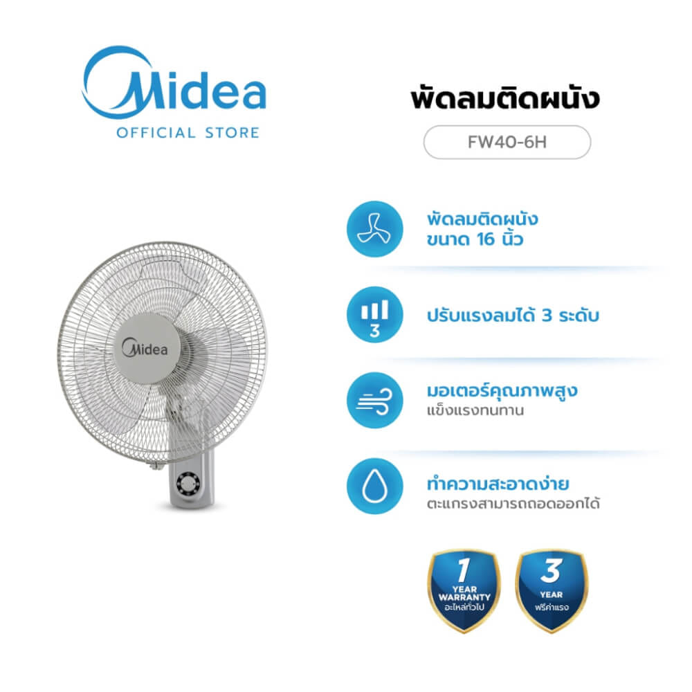 พัดลมติดผนัง 16 นิ้ว Midea FW40-6H สีขาว